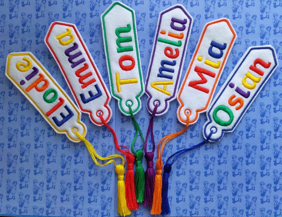 Bookmark rainbow personalised names embroidered design with coordinating tassel