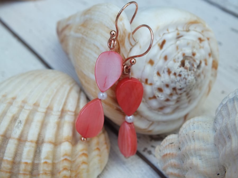 Rose Gold Plated Shell Orange Red Earrings