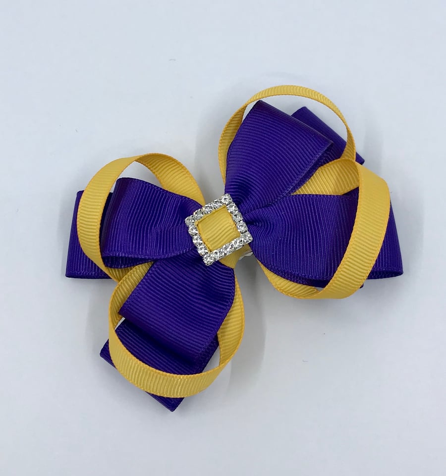 Purple Double Layer Bow with Yellow Gold Loops on Clip