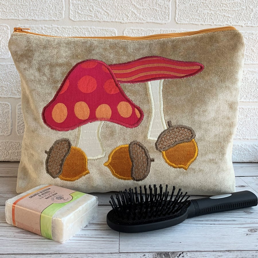 Autumn woodland toiletry bag, wash bag with toadstools and acorns
