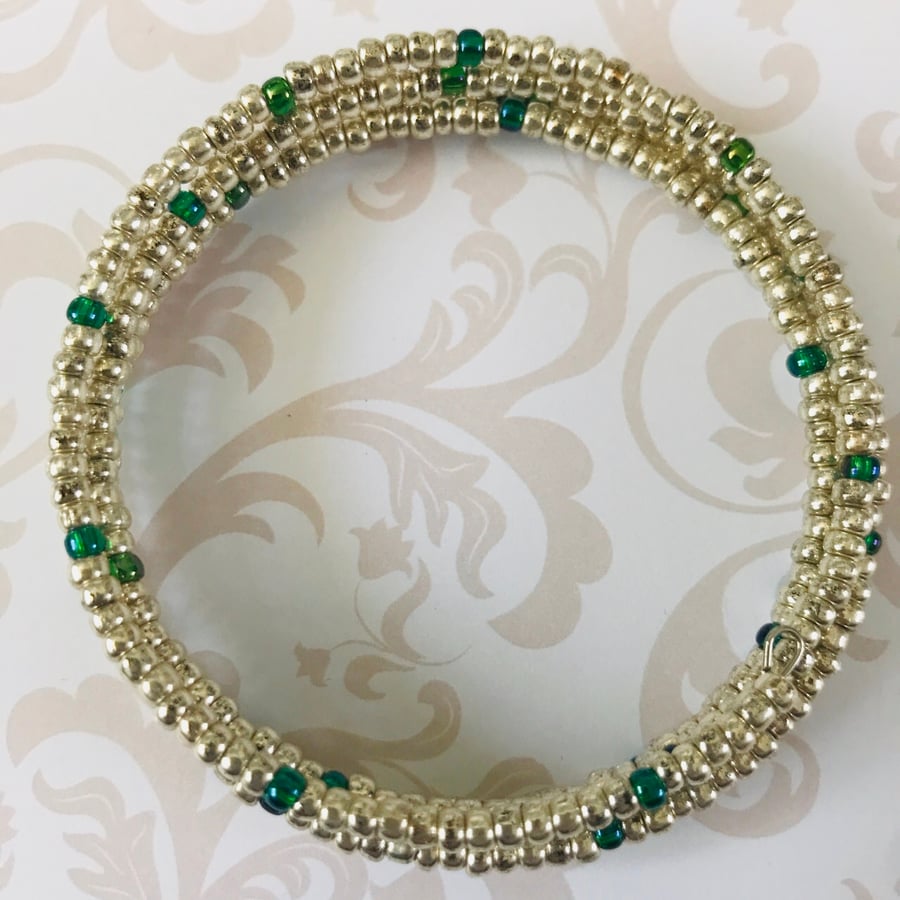 Antique Silver & Green Seed Beaded Memory Wire Bracelet