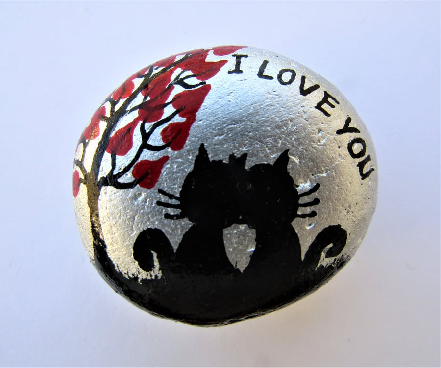 Love Gift, Cats Painted on Pebble, Romantic Tree, Stone Art Painting, Two Cats