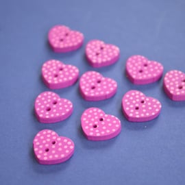 Little Wooden Dotty Heart Buttons Magenta 10pk Spotty Dot Pink 13x15mm (WH6)