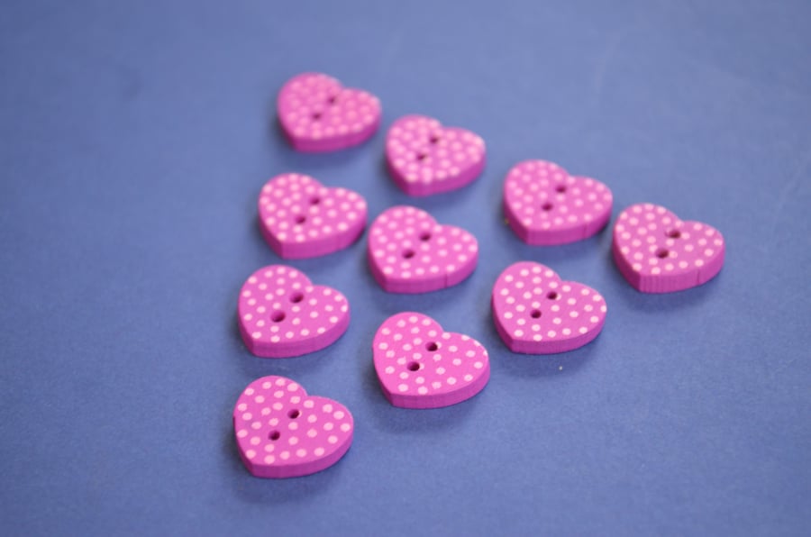 Little Wooden Dotty Heart Buttons Magenta 10pk Spotty Dot Pink 13x15mm (WH6)
