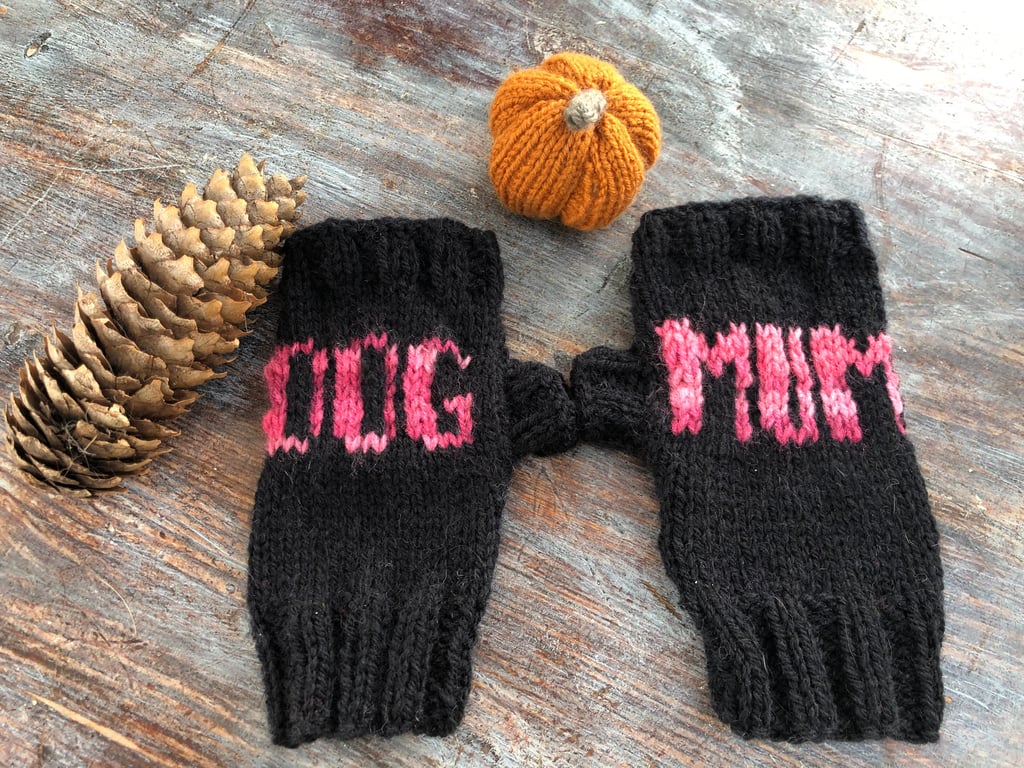 Hand knitted fingerless mittens , Tomte ,Gnome, Snoopy, fishing, Dog mum, Ready 