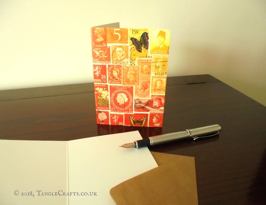 Fiery Sunset Postage Stamp Notecard, A6 - Stamp Art Collage Print, Single or Set