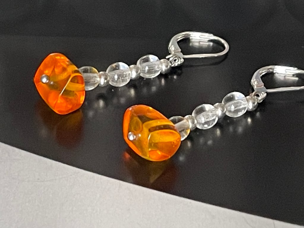 Organic Baltic honey colour amber and rock crystal gemstones dangling earrings