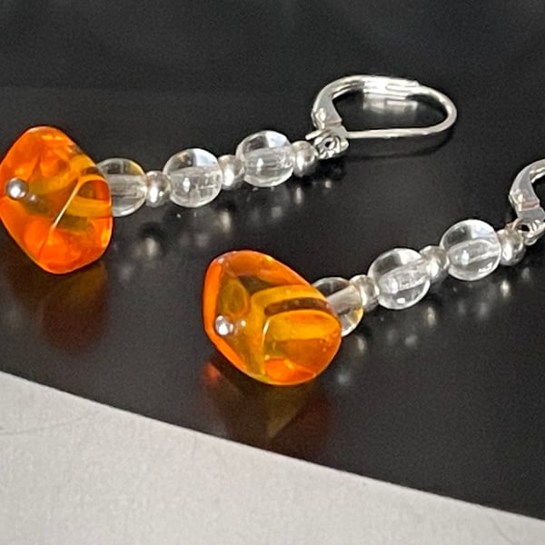 Organic Baltic honey colour amber and rock crystal gemstones dangling earrings