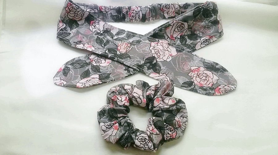 Grey and Pink Roses Tie Headband and Scrunchie Set