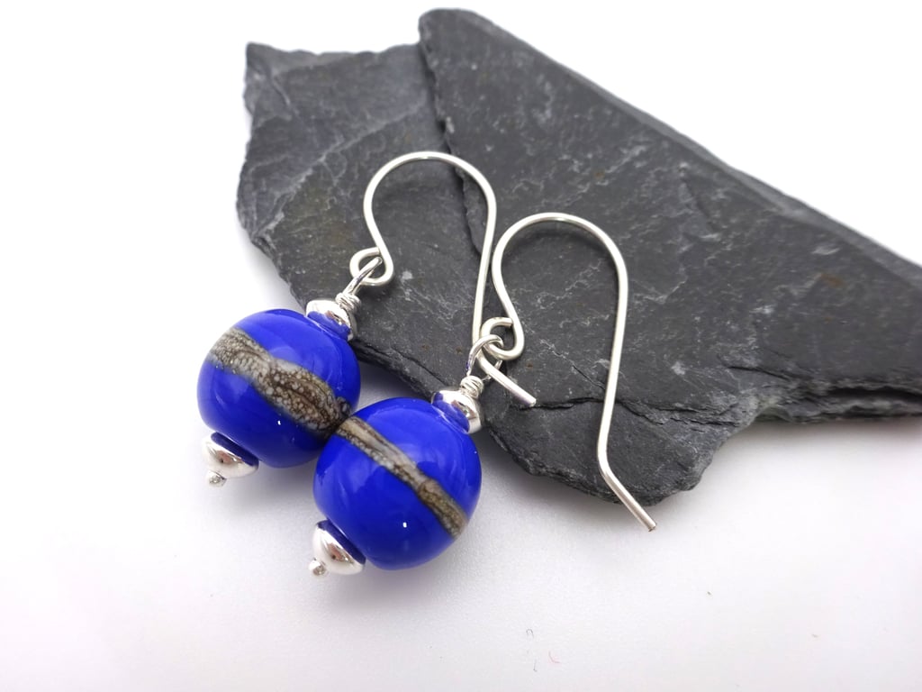 blue sphere lampwork glass earrings