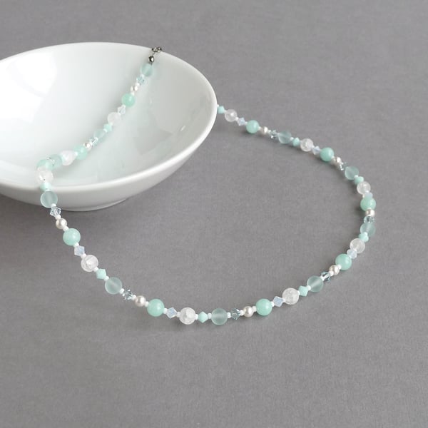 Aqua Beaded Necklace - Mint Green Gemstone and Pearl Wedding Jewellery