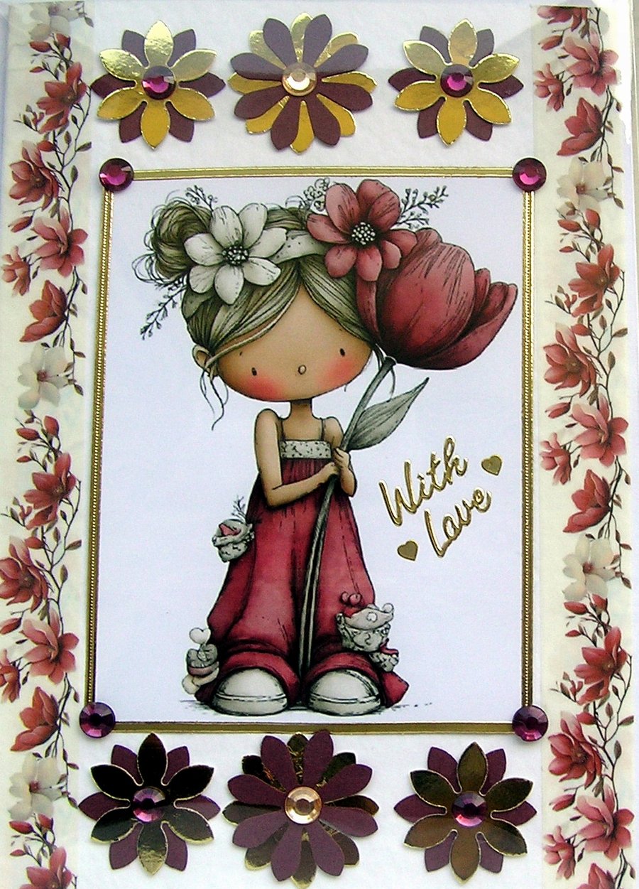 Girl Holding Flower - Hand Crafted Decoupage Greeting Card - With Love 3797