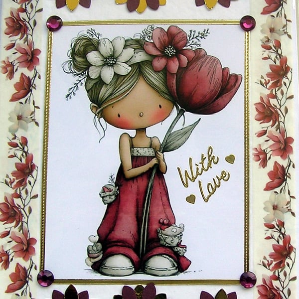 Girl Holding Flower - Hand Crafted Decoupage Greeting Card - With Love 3797