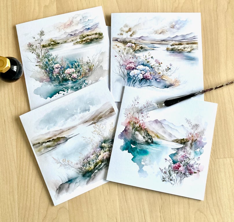 Watercolour Print Misty Lakeland Scenes cards Pack 4