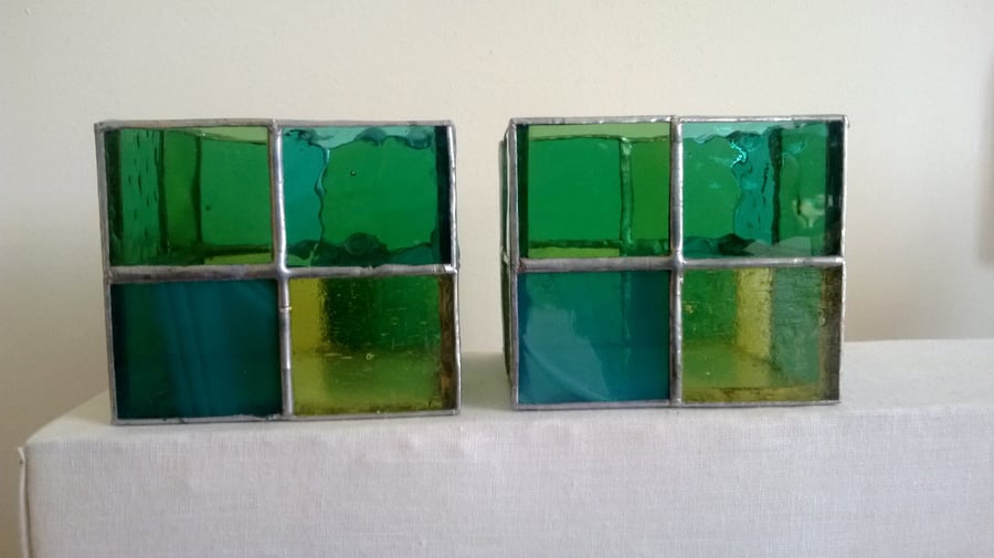 Stained glass candle holders, tea light holders, green, blue