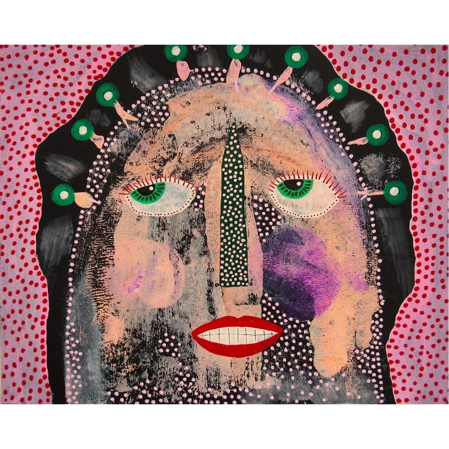 Surreal Portrait Raw Outsider Folk Art Painting Pink Purple Monster Weird Face