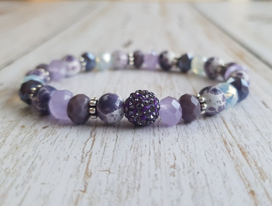Elasticated Bracelet - Purple Encrusted Rhinestone and Mixed Bead Bracelet