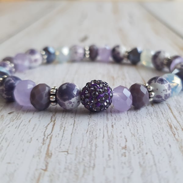 Elasticated Bracelet - Purple Encrusted Rhinestone and Mixed Bead Bracelet