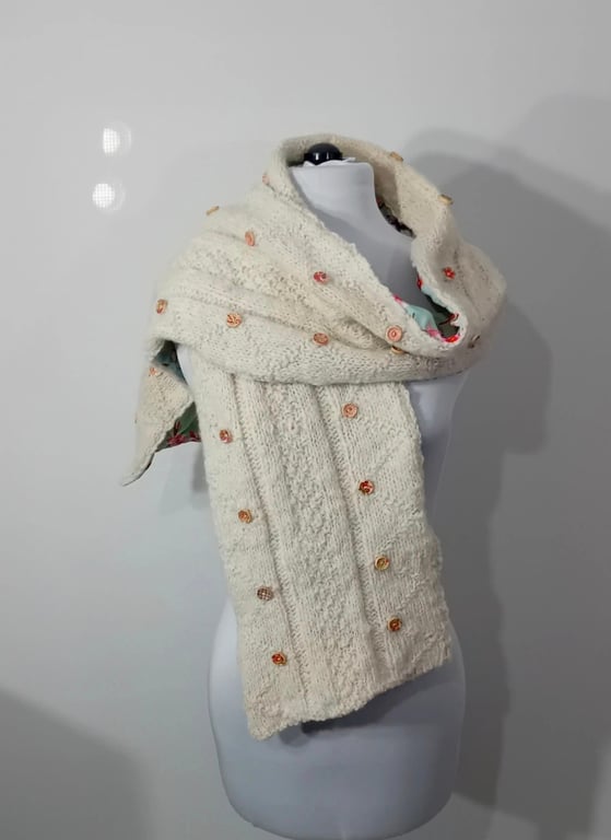35. SUMMER SECONDS. Cream Hand Spun and Handknitted Scarf With Flowery Lining.