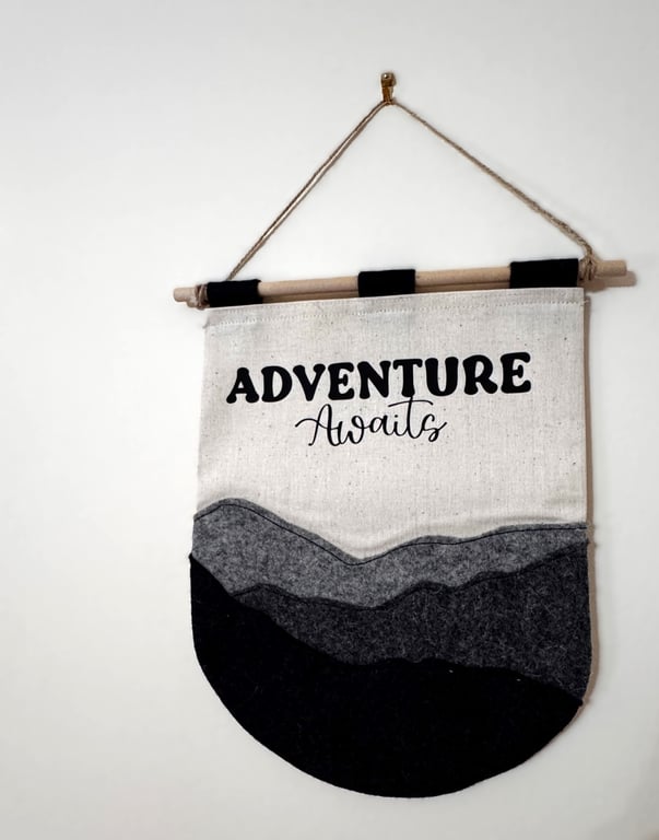 Mountain View "Adventure Awaits" - wall hanging, banner, textile art