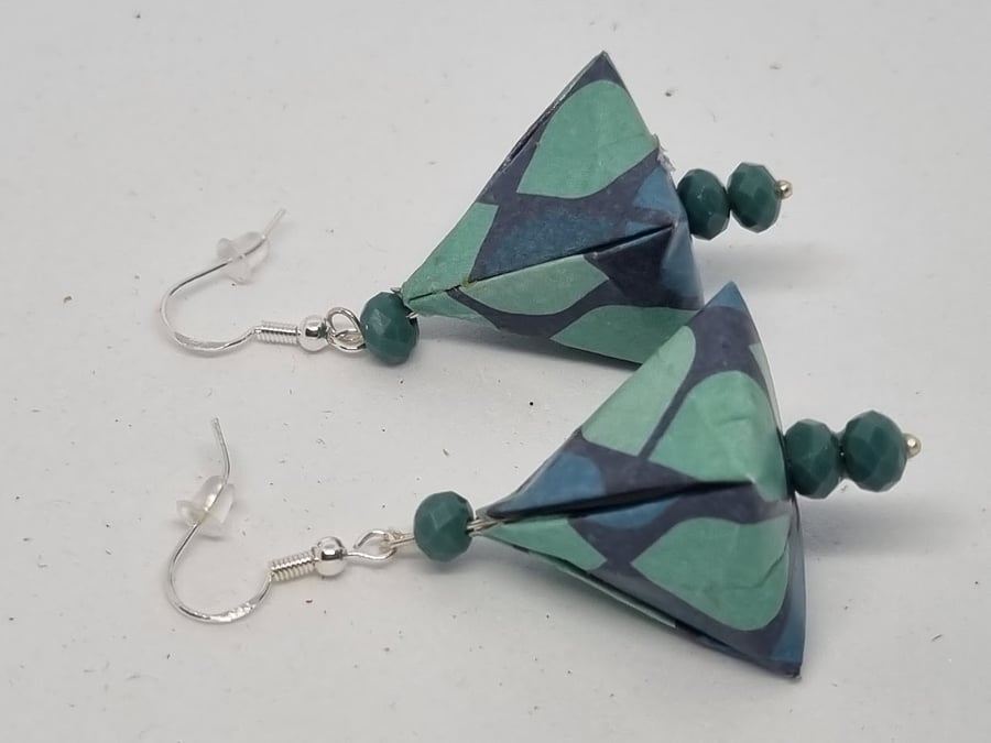 Origami earrings: blue pyramid-shaped with faceted beads