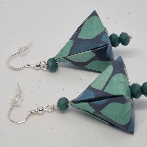 Origami earrings: blue pyramid-shaped with faceted beads
