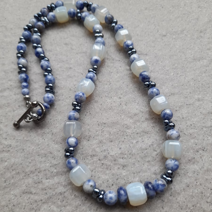 Blue Jasper Agate and Glass Beaded Necklace