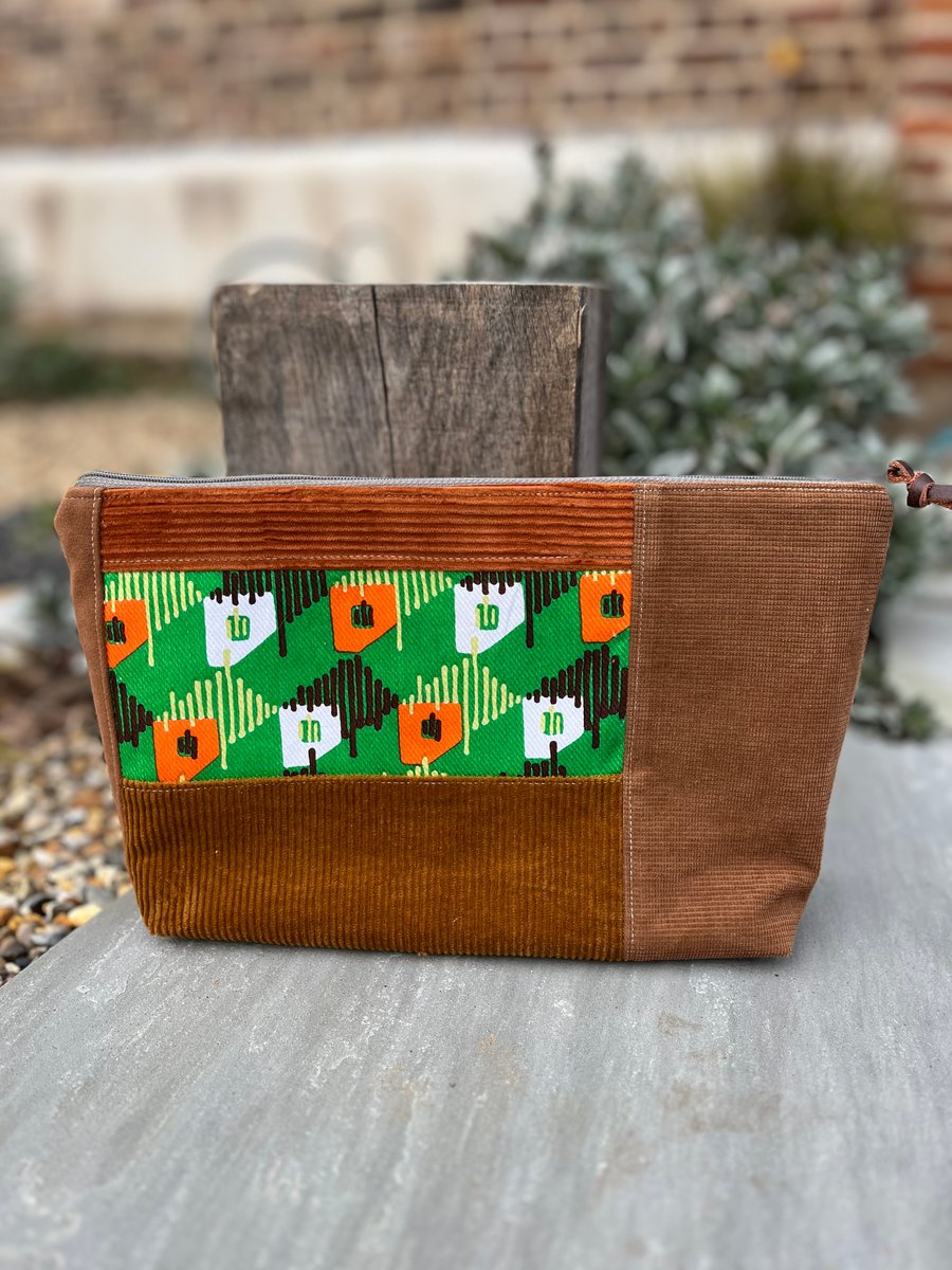 Vintage seventies fabric and corduroy patchwork large zip pouch 