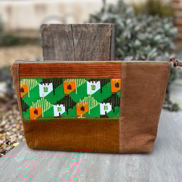 Vintage seventies fabric and corduroy patchwork large zip pouch 