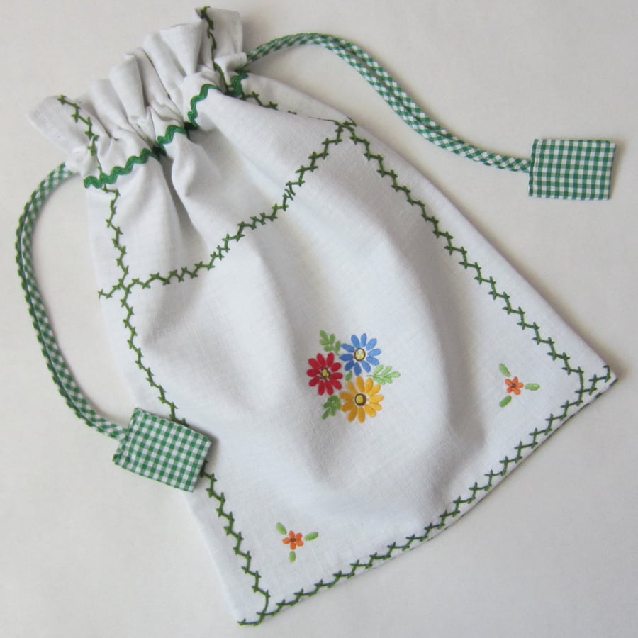 Vintage Hand Embroidered Drawstring Bag