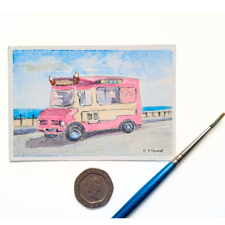 Original ACEO Miniature Watercolour Painting Classic Ice Cream Van 1970's