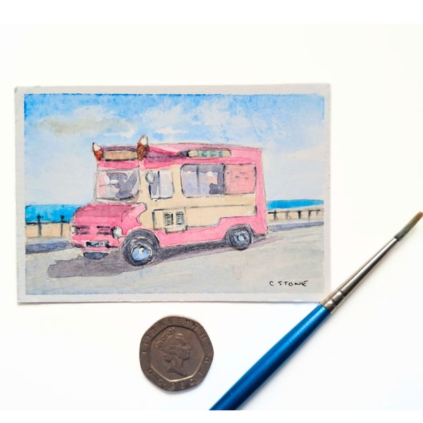 Original ACEO Miniature Watercolour Painting Classic Ice Cream Van 1970's