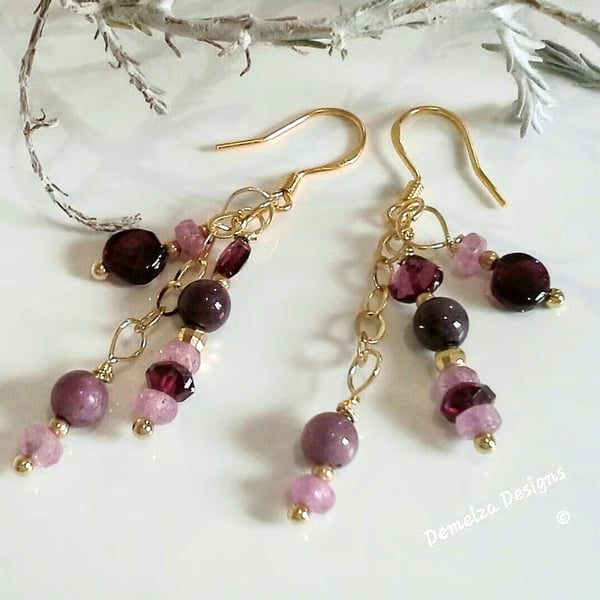 Designer Ruby, Pink Sapphires & Rhodolite Garnet Drop Gold Vermeil Earrings