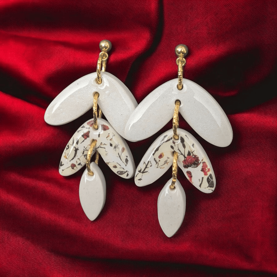 Off white Floral (2) handmade polymer clay Earrings with gold stud