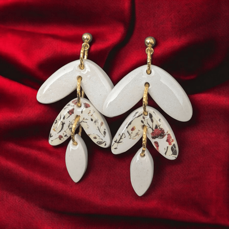 Off white Floral (2) handmade polymer clay Earrings with gold stud