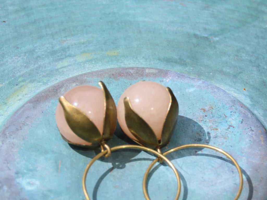 Earrings Peach Jade Rounds On Hypoalergenic Hoops Bronze Petal Bead Cap