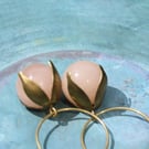 Earrings Peach Jade Rounds On Hypoalergenic Hoops Bronze Petal Bead Cap