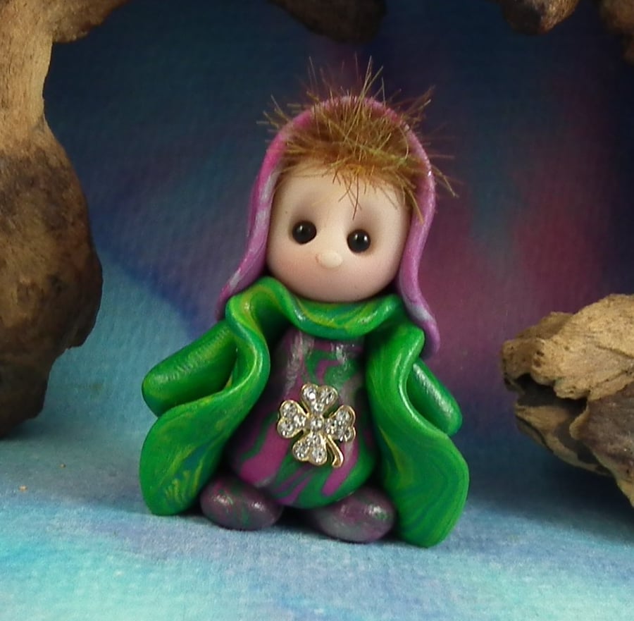 Tiny Garden Gnome 'Shelley' with jewels 1.5" OOAK Sculpt by Ann Galvin