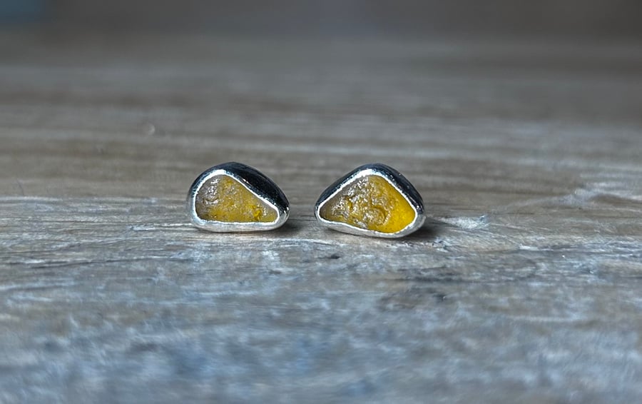 Handmade Sterling & Fine Silver Stud Earrings with Honey Amber Welsh SeaGlass
