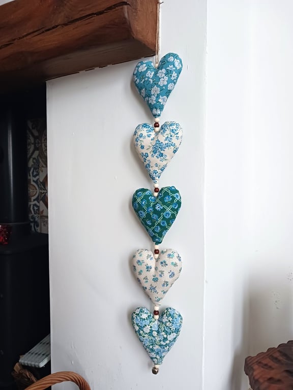 Hanging Heart Decoration - Liberty Fabrics Blue & Green