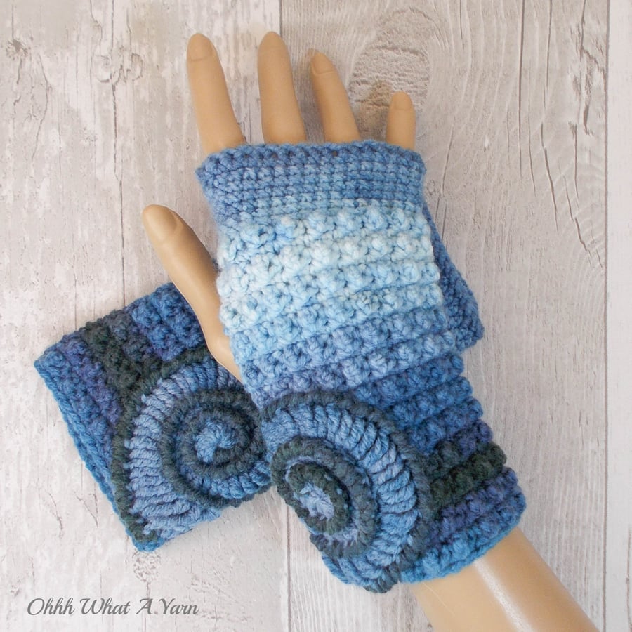 Blue and white ombre ammonite ladies crochet gloves, finger less gloves.  