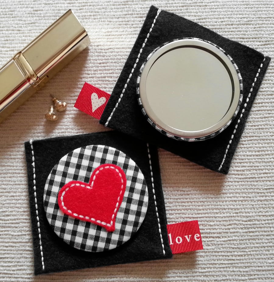 Compact Pocket Mirror and Pouch in Gingham with Heart Applique.