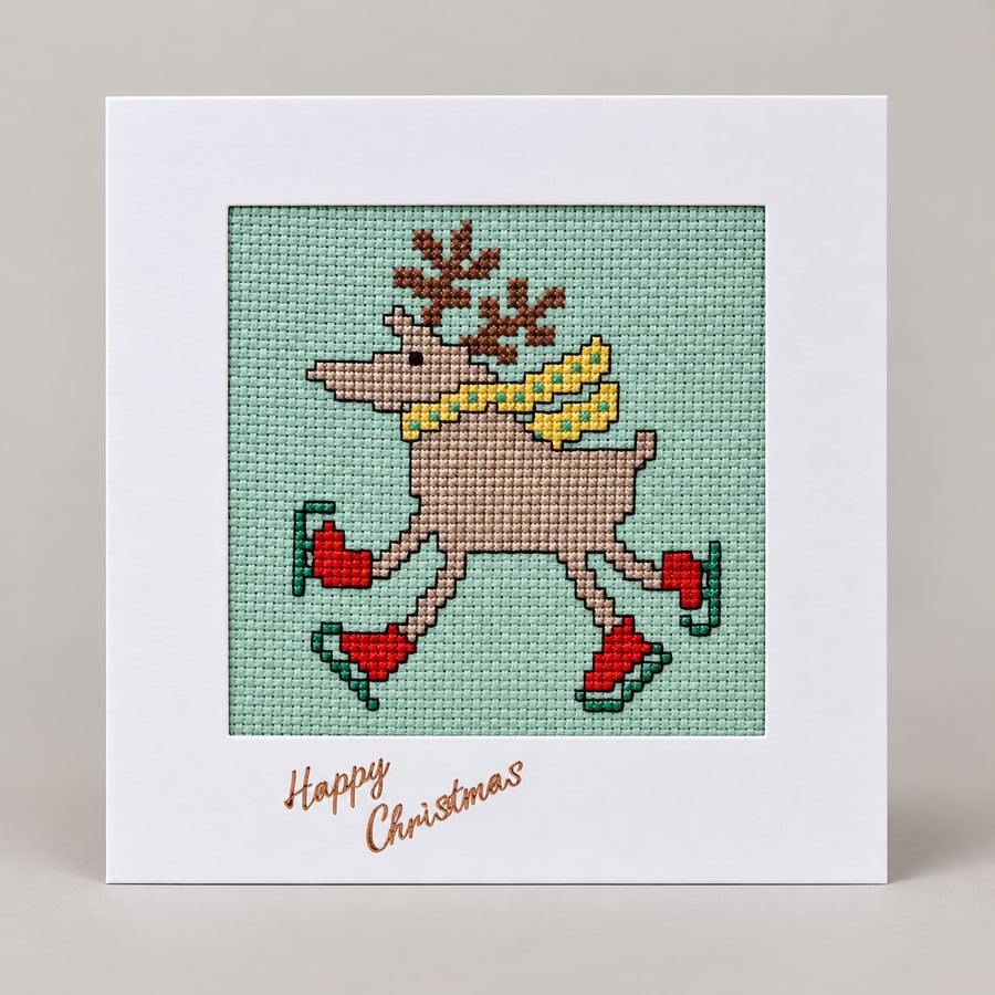 Image of Handmade Cross-Stitch Christmas Card – Ice Skating Reindeer