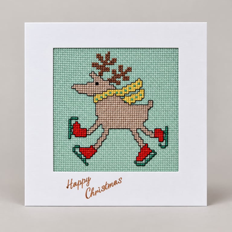 Handmade Cross-Stitch Christmas Card – Ice Skating Reindeer