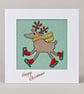 Handmade Cross-Stitch Christmas Card – Ice Skating Reindeer - Image 1