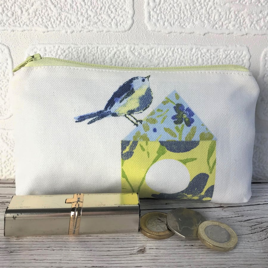 Large purse, coin purse with Blue Tit and floral birdhouse