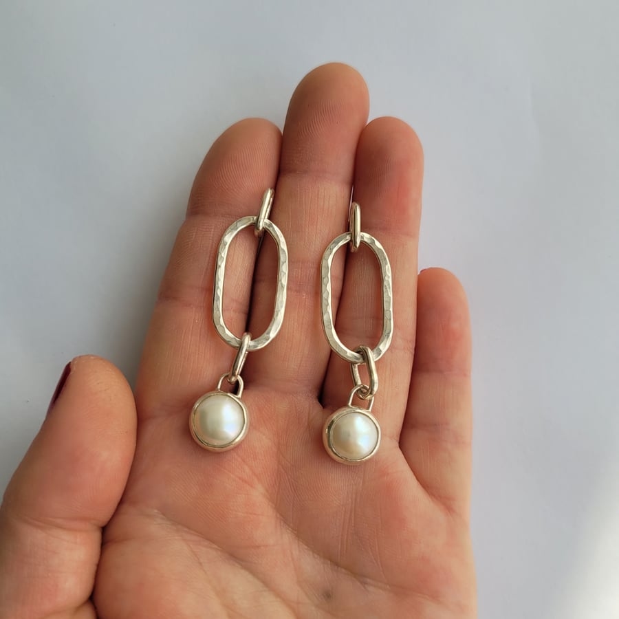 Pearl Sterling Silver Earrings, Hammered Oval Link Jewellery
