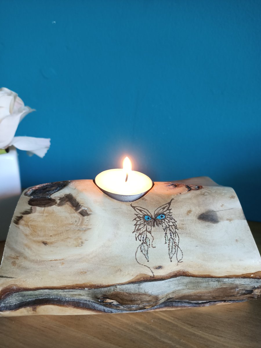 Rustic wooden Owl dreamcatcher pyrography tealight holder candle holder log