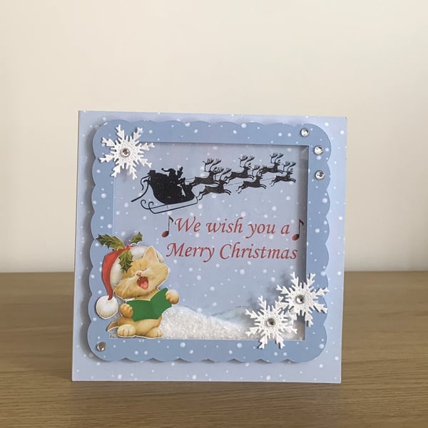 Handmade Cute Singing Kitten Shaker Christmas Card.