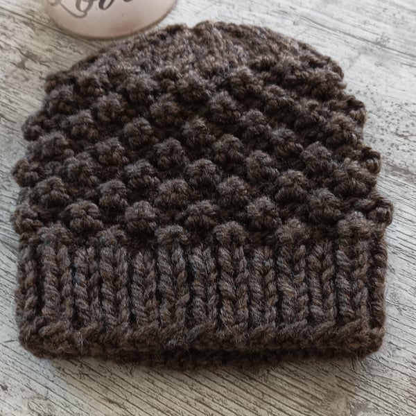 Brown Chunky Knit Beanie Hat 
